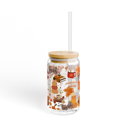 Autumn-Inspired Sipper Glass, 16oz – Perfect for Fall Gatherings, Thanksgiving, Daily Hydration, Home Decor, Gift for Friends Printify