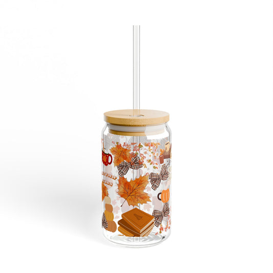 Autumn-Inspired Sipper Glass, 16oz – Perfect for Fall Gatherings, Thanksgiving, Daily Hydration, Home Decor, Gift for Friends Printify